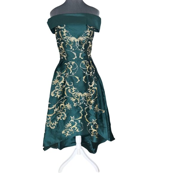 Chi Chi Emerald Green Off-Shoulder High-Low Dress With Gold Embroidery Womens Si - Picture 2 of 9